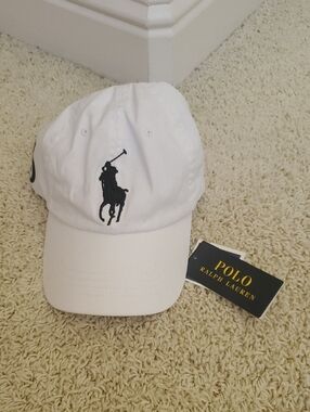 Polo Ralph Lauren White Baseball Cap with Black/Dark Navy Blue Polo Pony.